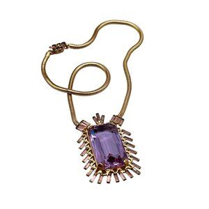 Karu Neodymium Glass Necklace Gold Tone Snake Chain Purple Blue Crystal Pendant